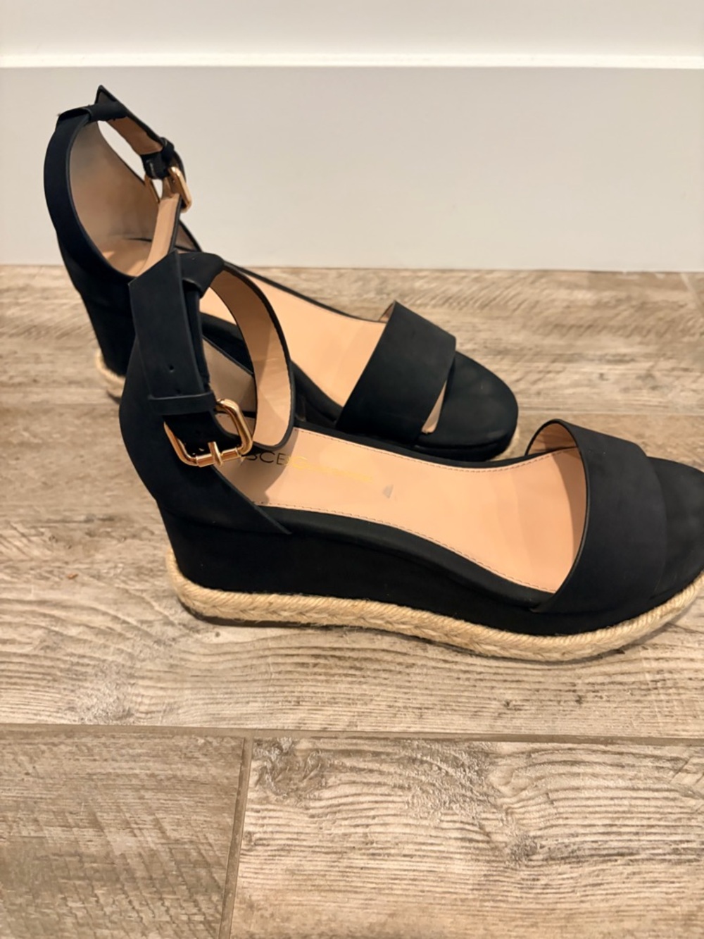 BCBGeneration Black Espadrille Wedge Sandals with Ankle Buckle